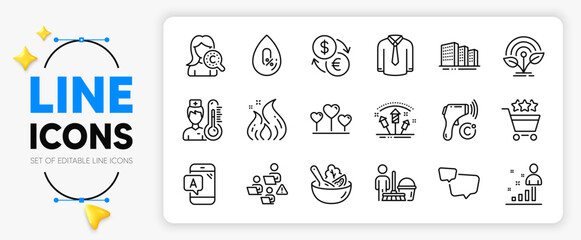 Teamwork, Salad and Currency exchange line icons set for app include Buildings, Fire energy, Electronic thermometer outline thin icon. Love heart, Ab testing, Fireworks rocket pictogram icon. Vector