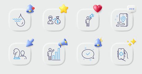 Salary, Graph chart and Approved line icons. Buttons with 3d bell, chat speech, cursor. Pack of Brand ambassador, Place, Health app icon. Chess, Hydroelectricity pictogram. Vector