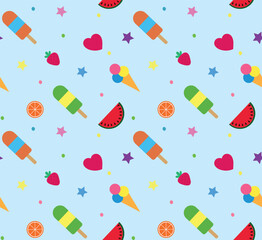 Colorful summer seamless pattern with tropical fruits and ice cream on blue background