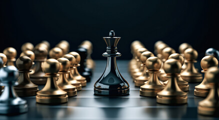 Gold queen is the leader of the chess in the game on board. Business concept. Strategy, Success, management, business planning, disruption and leadership concept
