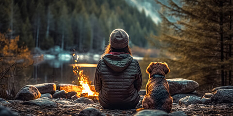 Young woman and her dog are sitting on the shore of a lake near a campfire in camp, enjoying an amazing view of the lake at sunset. Friendship between man and dog - obrazy, fototapety, plakaty