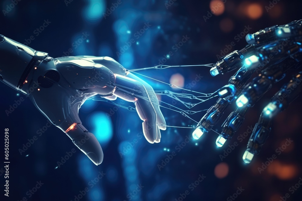 Poster digital hand hologram on dark background with copy space. neural network connection. generative ai