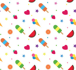 Colorful summer seamless pattern with tropical fruits and ice cream on white background