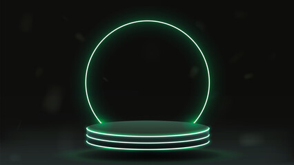 Bright green podium with neon arch. Platform on a dark background.