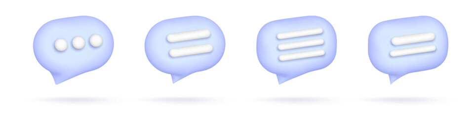 Set of blue vector 3d speech bubble with dots and lines and with shadow isolated on white background. Vector illustration for postcard, banner, web, design, arts.