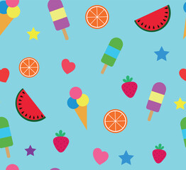 Colorful summer seamless pattern with tropical fruits and ice cream on blue background