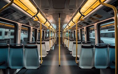 Modern empty bus inside view with passenger seats generative ai