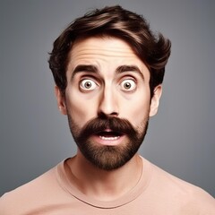 Surprised man with old fashioned mustache and beard looking with interest to the front and opened eyes wide generative ai