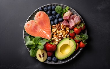 Keto food concept with avocado, salmon and nuts, fruits and vegetables top view angle Generative AI	 - obrazy, fototapety, plakaty