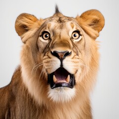 Portrait of a lion with a surprised expression wide open eyes and mouth looking ahead on isolated white background generative ai