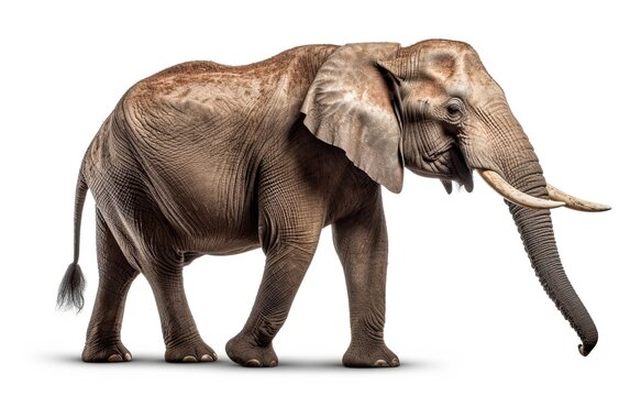 African Elephant full length walking side view on isolated white background generative ai