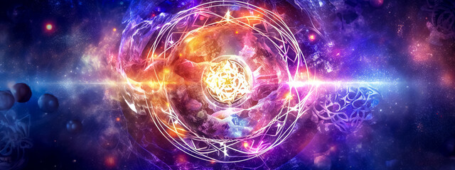 Obraz premium mystic sun in universe, magic abstract esoterica banner, made with Generative AI
