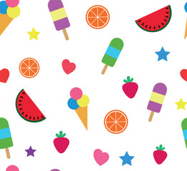Colorful summer seamless pattern with tropical fruits and ice cream on white background