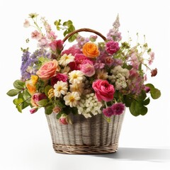basket, flower, bouquet, flowers, nature, spring, pink, isolated, plant, blossom, gift, decoration, leaf, bunch, floral, easter, beauty, wicker, bloom, rose, arrangement, green, purple, color, violet