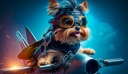 Illustration of Yorkshire terrier wearing aviator goggles. Dog pilot in plane. Generative AI