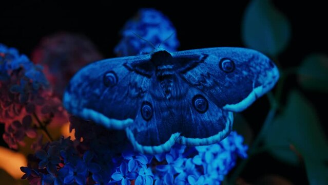 European night butterfly - Saturnia pyri, giant peacock moth on lilac branch