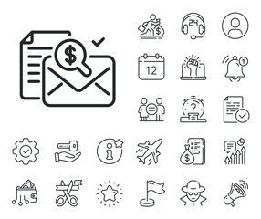 Audit sign. Salaryman, gender equality and alert bell outline icons. Accounting report line icon. Check finance symbol. Accounting report line sign. Spy or profile placeholder icon. Vector