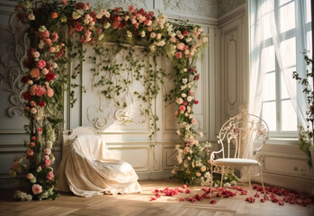 Fototapeta na wymiar a big corner of white furniture with flowers in the background