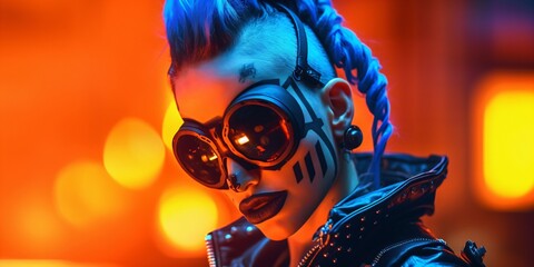 futuristic punk woman in the dark night with cool sunglasses, fictional person created with generative ai