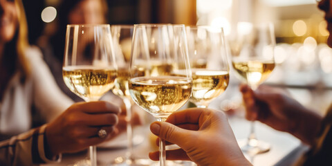 Close up of group of friends toasting with glasses of white wine at restaurant