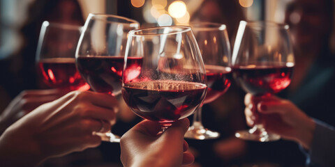 Close up of group of friends toasting with glasses of red wine at restaurant