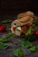 Delicious baguette sandwich with prosciutto and cheese and tomatoes and salad on dark background 
