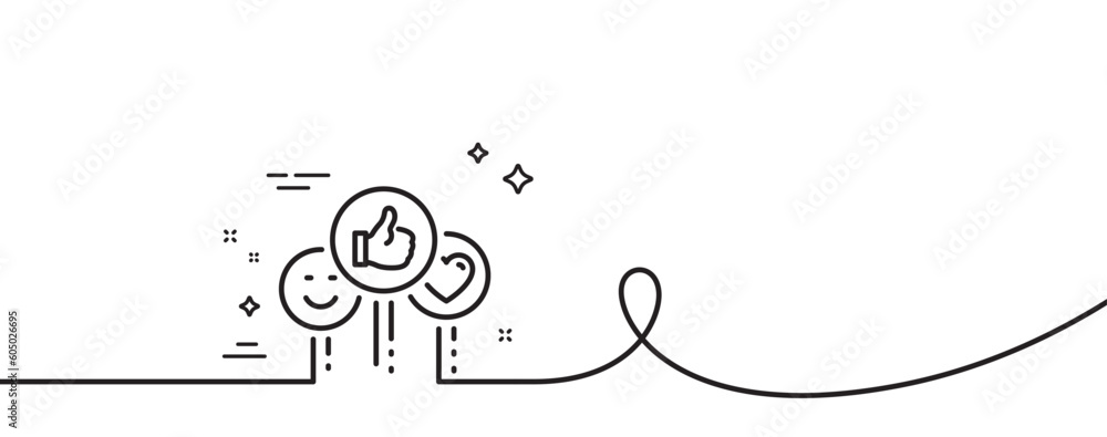 Poster social media like line icon. continuous one line with curl. thumbs up sign. positive smile and heart