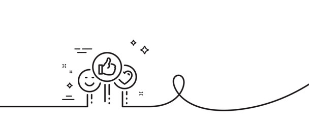 Social media like line icon. Continuous one line with curl. Thumbs up sign. Positive smile and heart feedback symbol. Like single outline ribbon. Loop curve pattern. Vector