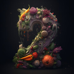 Ai generated number two made of fruits and vegetables. 3D Render green letter two, presentation of type character with raw plant foods. Concept of healthy vegetarian and whole food diet.