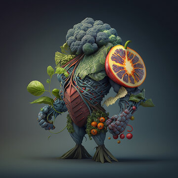 Ai Surreal Picture Of A Male Human Body Made Up Of Fruits And Vegetables, A Digital Rendering, Naturalism, Biomachine. Concept Of Well Balanced Diet For The Organism, Vegetarian Life Style.