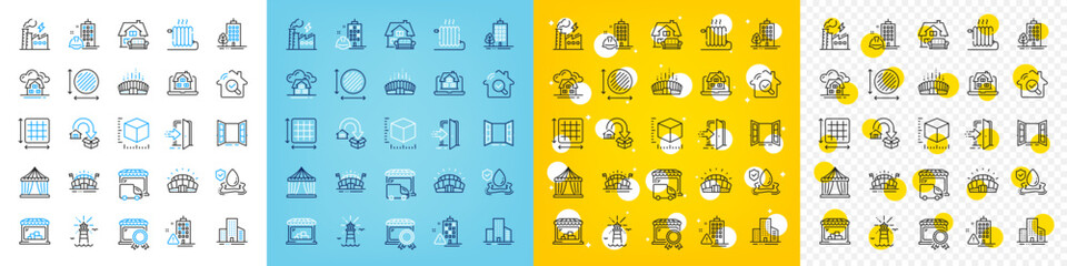 Vector icons set of Lighthouse, Moving service and Radiator line icons pack for web with Construction building, Buildings, Building warning outline icon. Package size. Vector