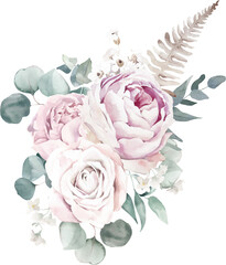 Watercolor Bouquet with Rose, Peony and Eucalyptus Branches on Transparent Background