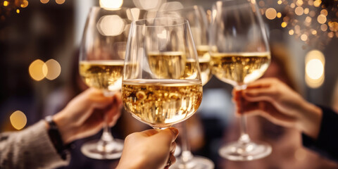 Close up of group of friends toasting with glasses of white wine at restaurant