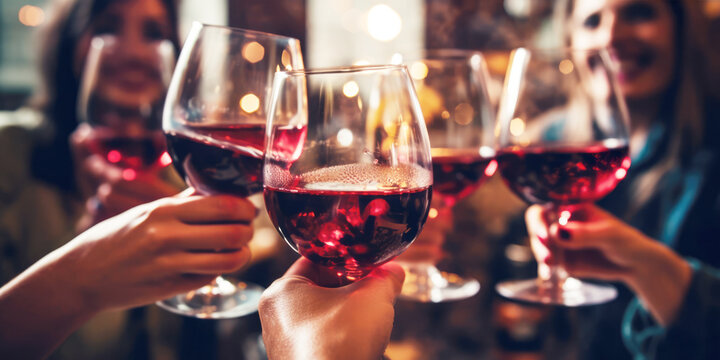 Close up of group of friends toasting with glasses of red wine at restaurant