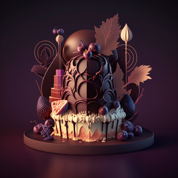Chocolate cake sitting on top of a table, 3D render, cake sculpture with toppings for celebration, elegant still lyfe pastry, awesome great composition. Ai illustration, publicity for classy bakeries