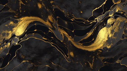 Gold abstract pattern on black marble background. Marble or granite wall with golden wave splash. Liquid pattern gorgeous generative ai