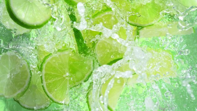 Super Slow Motion Shot of Fresh Lime Slices Falling into Water Whirl at 1000 fps.
