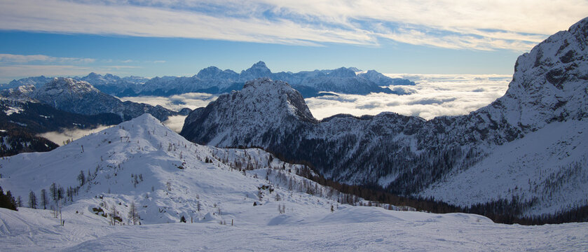 Panoramic view in the Austrian Nassfeld Ski arena towards the Montasio mountain group in Italy.