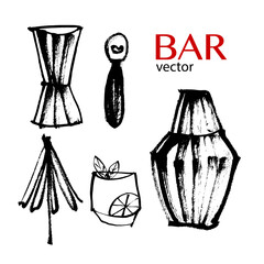 Items and utensils for the bar. Vector. Alcohol, party, holiday, cocktail. Drawing with brush and ink. Oriental style, sketch, doodle, minimalism. Black on white. Eps10
