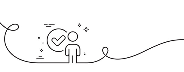 Verification person line icon. Continuous one line with curl. Accepted man sign. Approved symbol. Verification person single outline ribbon. Loop curve pattern. Vector