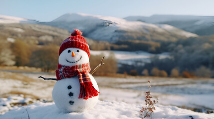 Obraz premium Adorable snowman wearing a festive red hat and scarf at a snowy landscape, banner with copy space. 