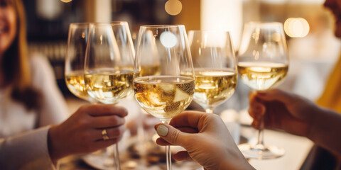 Close up of group of friends toasting with glasses of white wine at restaurant