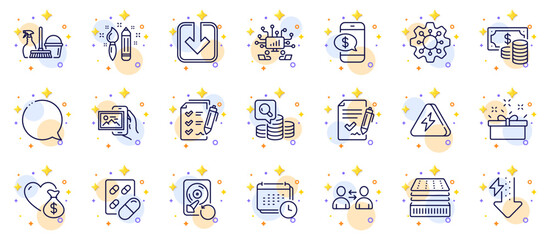 Outline set of Lightning bolt, Energy drops and Coins banknote line icons for web app. Include Communication, Calendar, Load document pictogram icons. Household service, Survey checklist. Vector