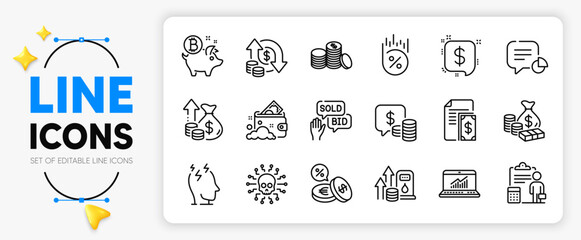 Stress, Payment and Bitcoin coin line icons set for app include Fuel price, Change money, Inflation outline thin icon. Launder money, Statistic, Accounting pictogram icon. Coins. Vector