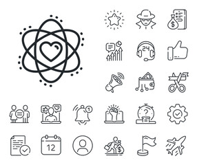 Energy sign. Salaryman, gender equality and alert bell outline icons. Atom with heart line icon. Chemical element symbol. Atom line sign. Spy or profile placeholder icon. Vector