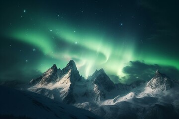 Fototapeta na wymiar Peaceful view of green northern lights behind snowy peaks. Generative AI