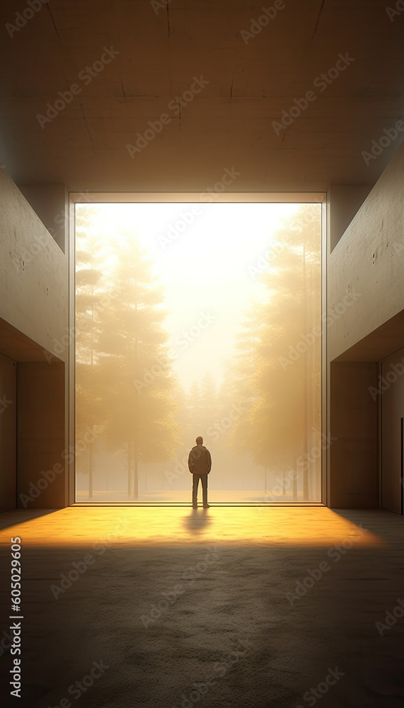 Wall mural a silhouetted figure standing in a contemplative stance in the distance before trees and golden ligh
