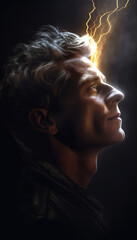 A profile portrait of a middle aged caucasian man in contemplative mental state with electrical energy pulsing off his head. Created with Generative AI.
