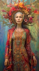 Shaman goddess woman in nature, woman in beautiful robes stands in nature and is linked to nature. Esoteric concept. Generative AI.