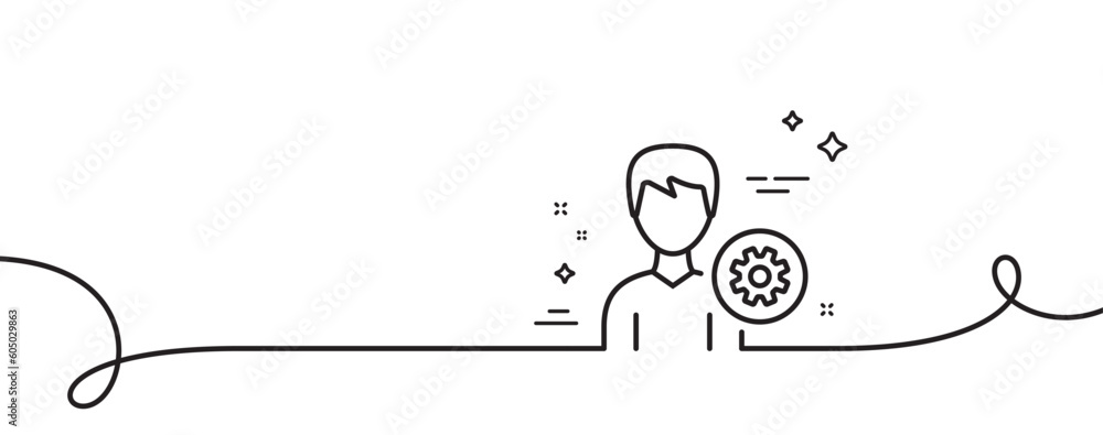 Poster user settings line icon. continuous one line with curl. profile avatar with cogwheel sign. male pers